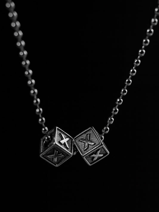 Dicey necklace — stainless steel ball chain with 10mm letter cubes — XXBYJAXX