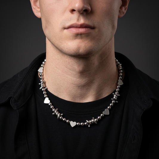 Barbed Hearts worn on model — clean-cut male