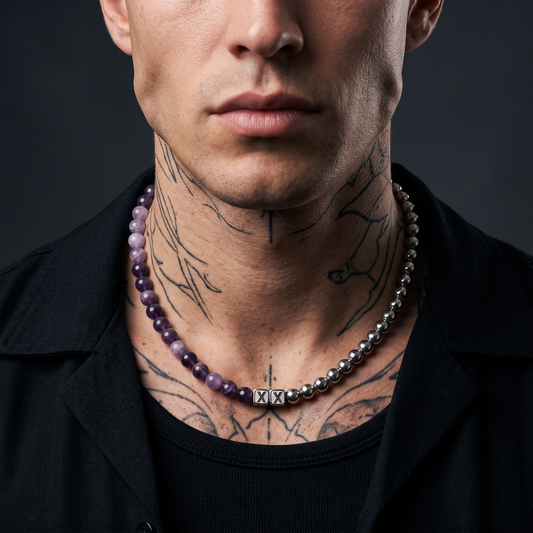 Amethyst Half & Half worn on model — tattooed male