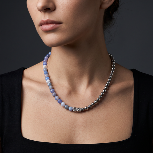 Baby Blue Half & Half worn on model — female