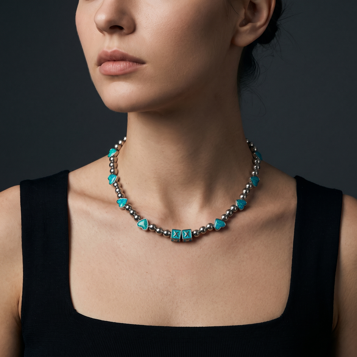Opal Hearts worn on model — female