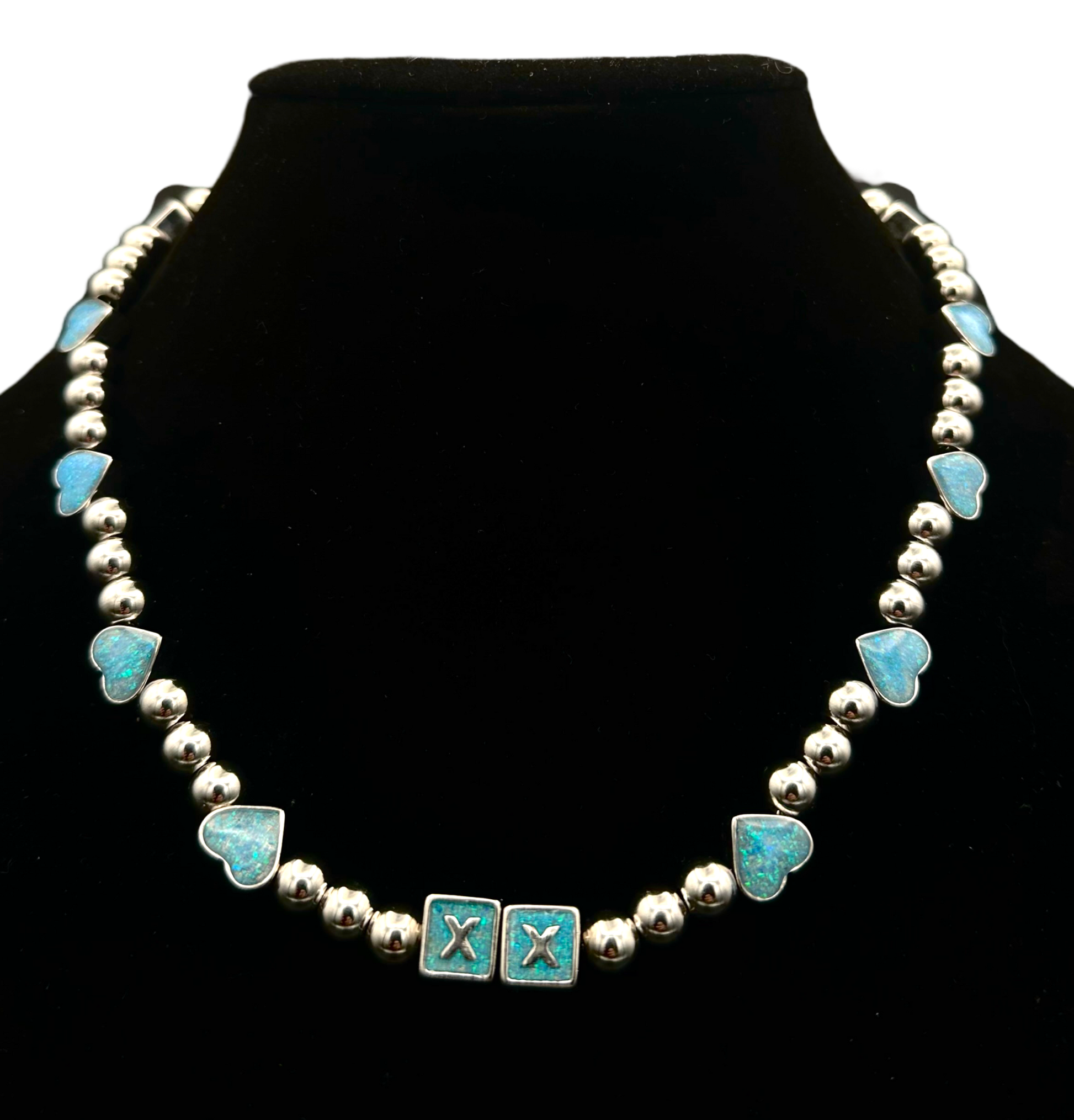 Opal Hearts necklace — opal heart pendants on an adjustable stainless steel chain — XXBYJAXX