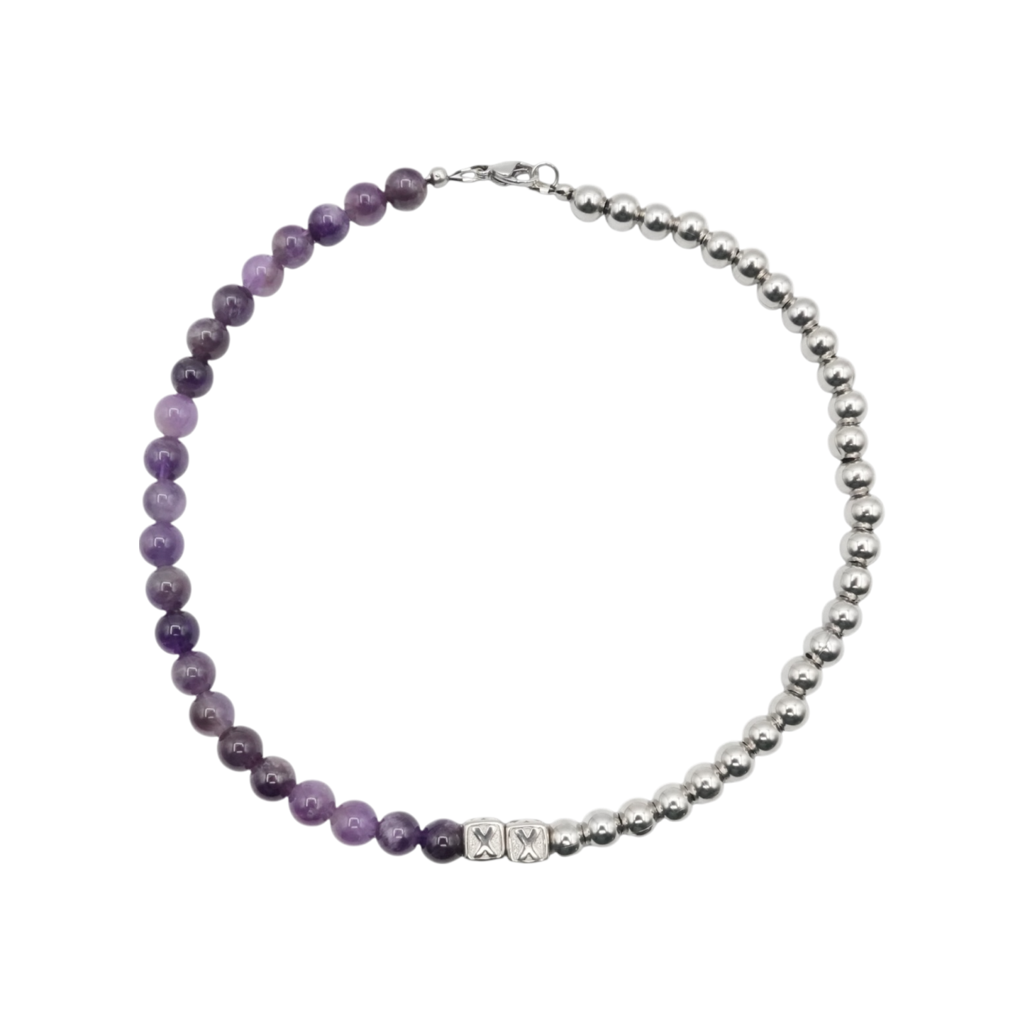Amethyst Half & Half — natural amethyst and stainless steel bead necklace — XXBYJAXX