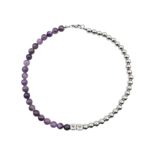 Amethyst Half & Half — natural amethyst and stainless steel bead necklace — XXBYJAXX