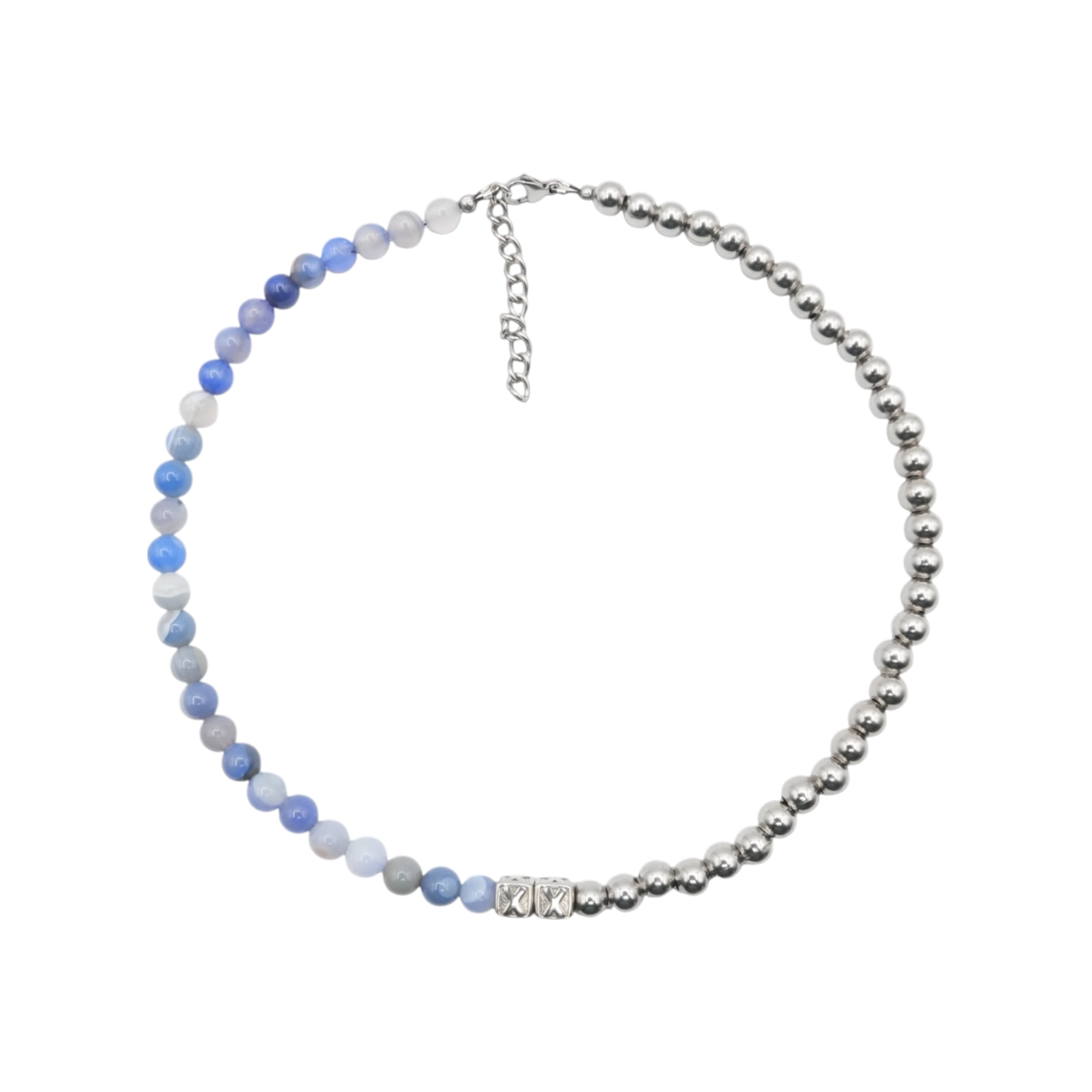 Baby Blue Half & Half — natural stone and stainless steel bead necklace — XXBYJAXX