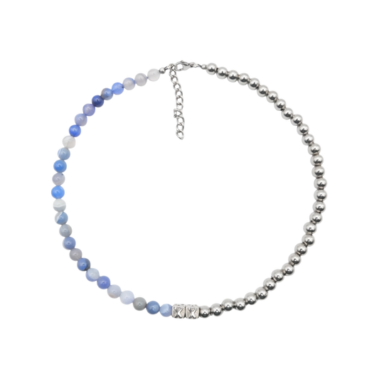 Baby Blue Half & Half — natural stone and stainless steel bead necklace — XXBYJAXX