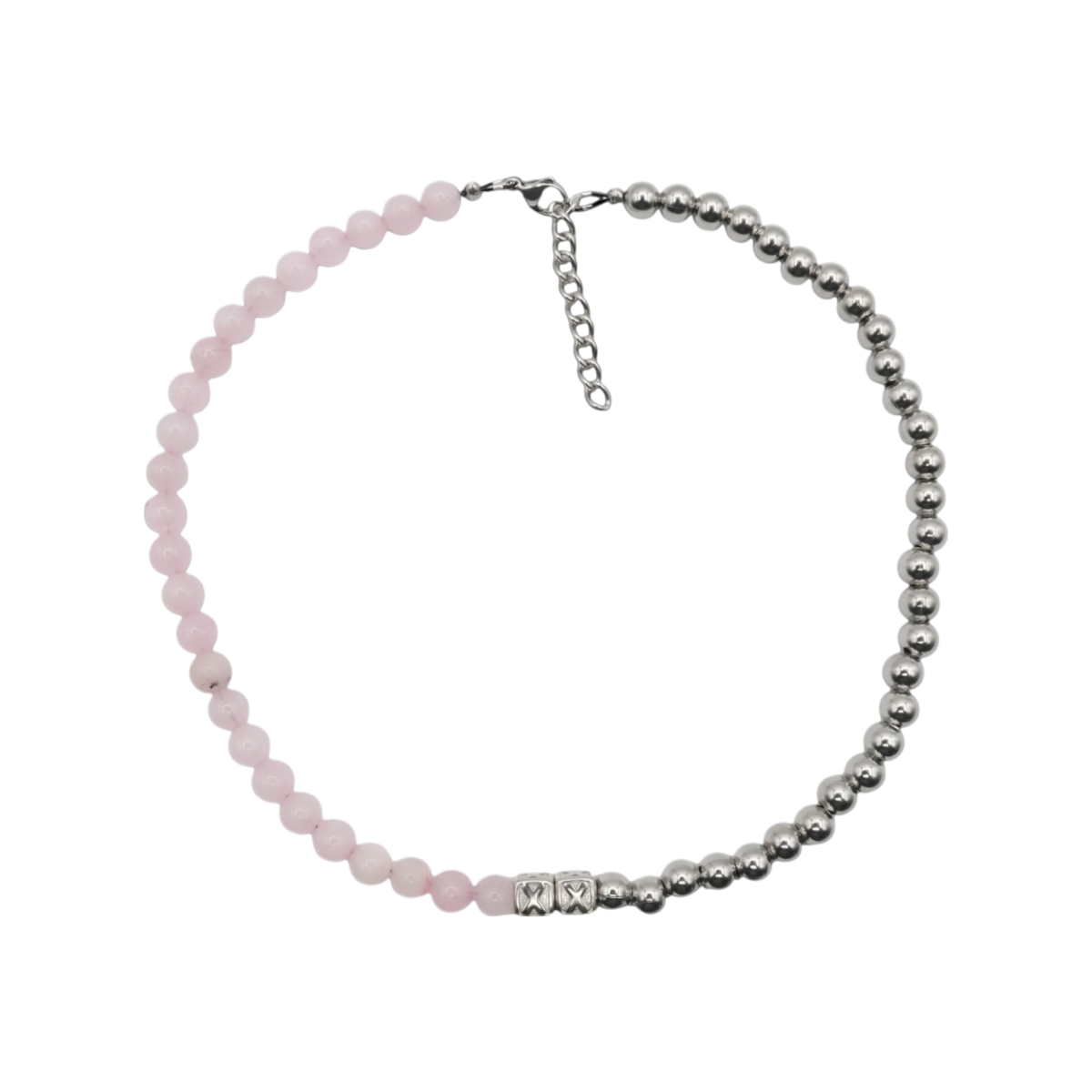 Bubblegum Half & Half — natural pink stone and stainless steel bead necklace — XXBYJAXX