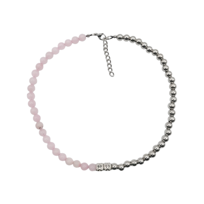 Bubblegum Half & Half — natural pink stone and stainless steel bead necklace — XXBYJAXX