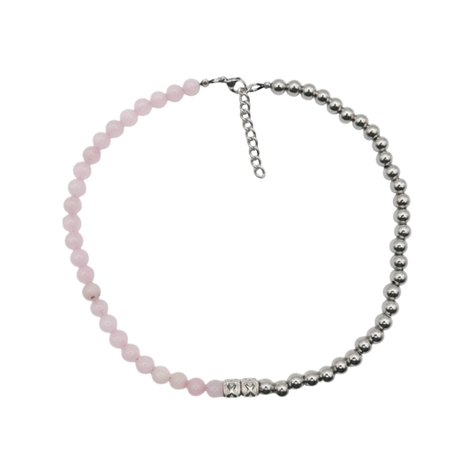Bubblegum Half & Half — natural pink stone and stainless steel bead necklace — XXBYJAXX