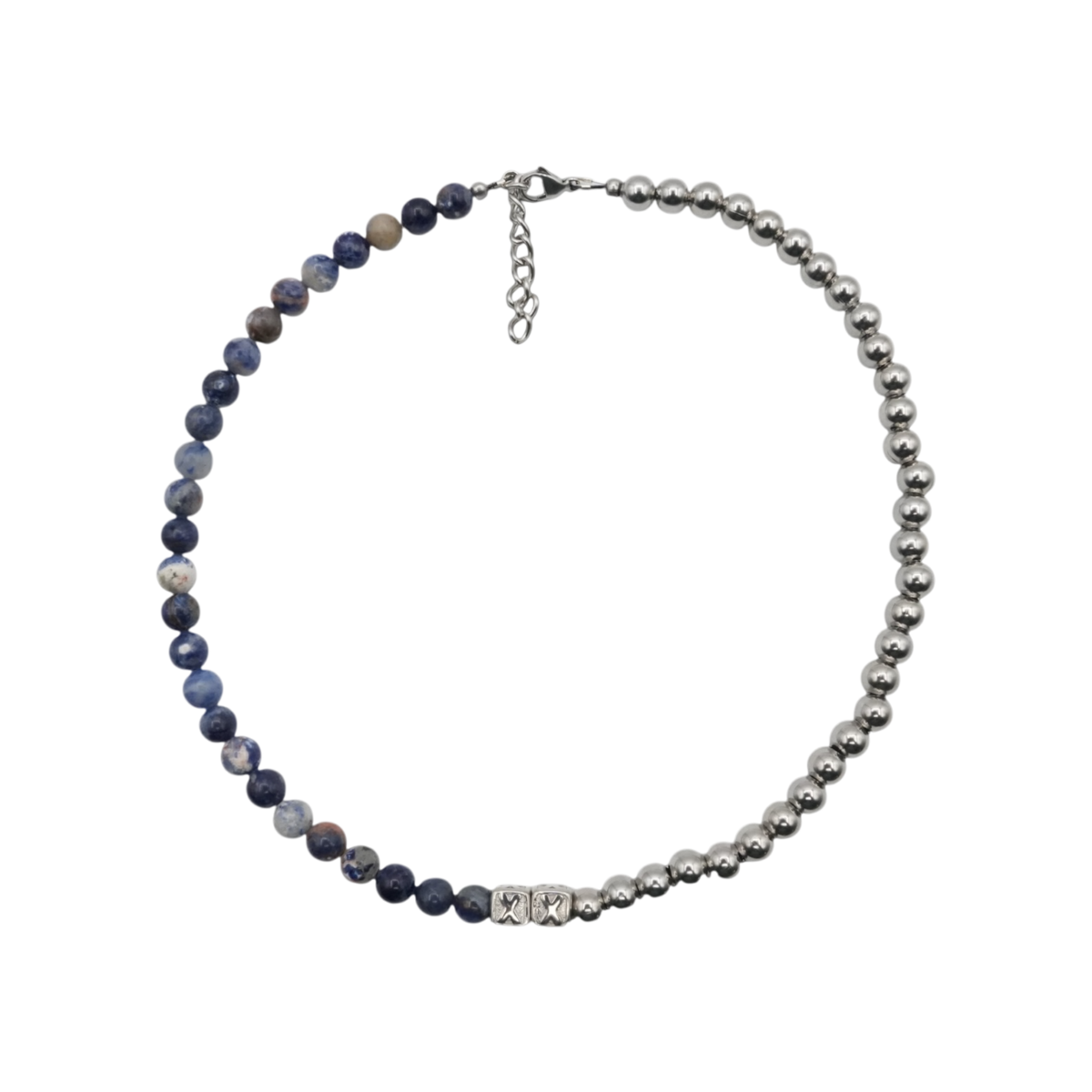 Blue Rocks Half & Half — natural blue stone and stainless steel bead necklace — XXBYJAXX