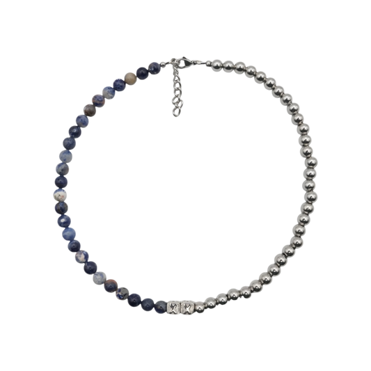 Blue Rocks Half & Half — natural blue stone and stainless steel bead necklace — XXBYJAXX