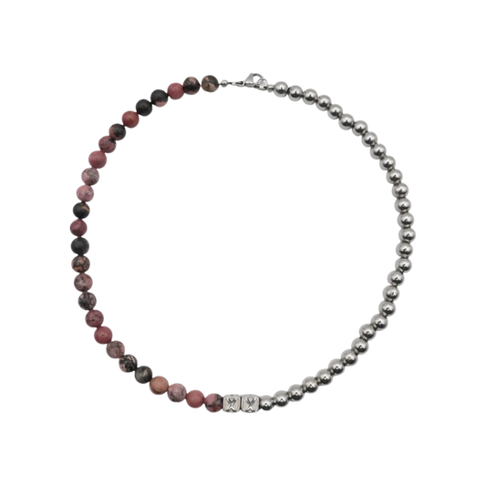 Red Rock Half & Half — natural red stone and stainless steel bead necklace — XXBYJAXX