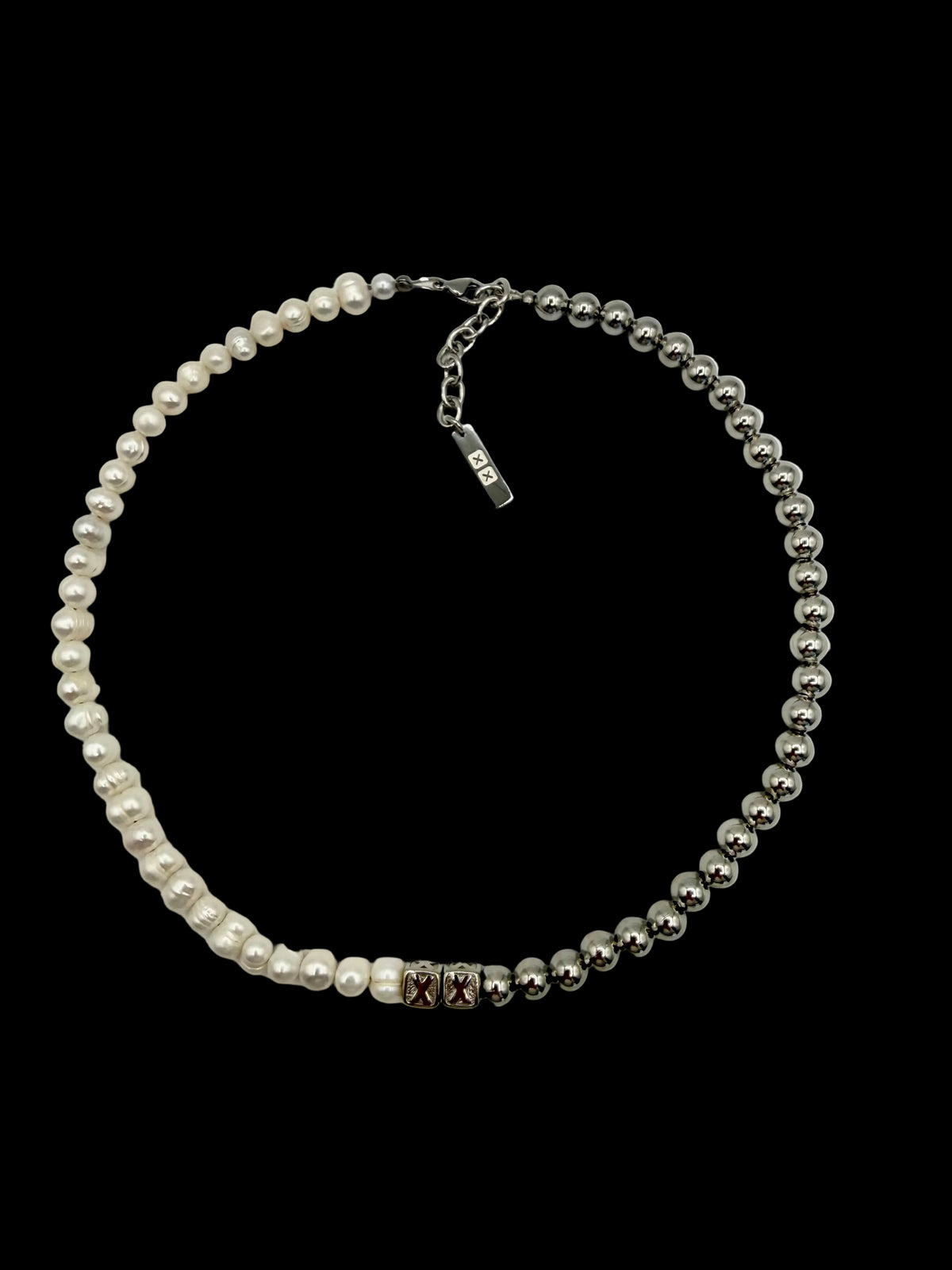 Pearly Half & Half necklace — real Tahitian pearls and stainless steel beads on an adjustable chain — XXBYJAXX