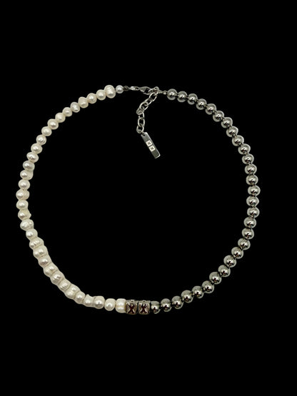Pearly Half & Half necklace — real Tahitian pearls and stainless steel beads on an adjustable chain — XXBYJAXX