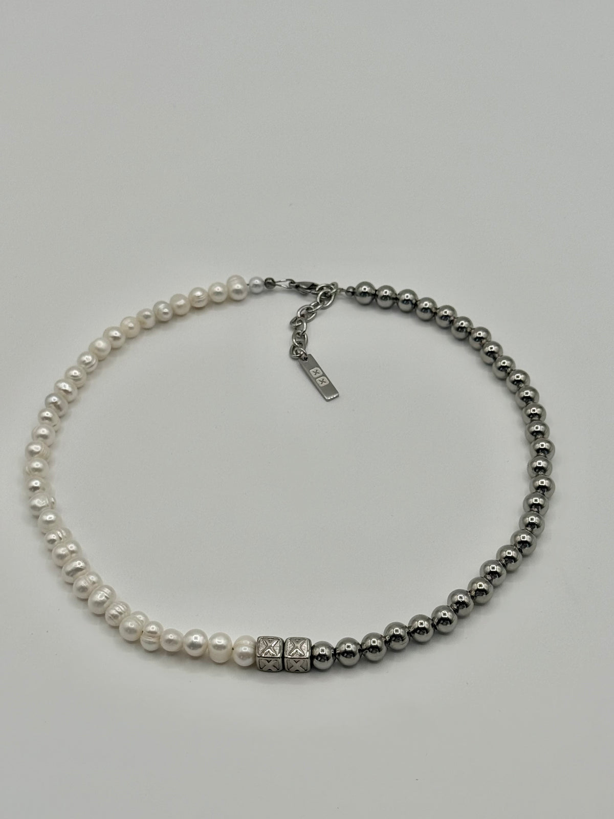 Pearly Half & Half necklace — real Tahitian pearls and stainless steel beads on an adjustable chain — XXBYJAXX