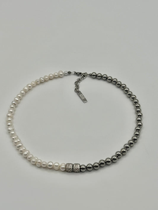 Pearly Half & Half necklace — real Tahitian pearls and stainless steel beads on an adjustable chain — XXBYJAXX