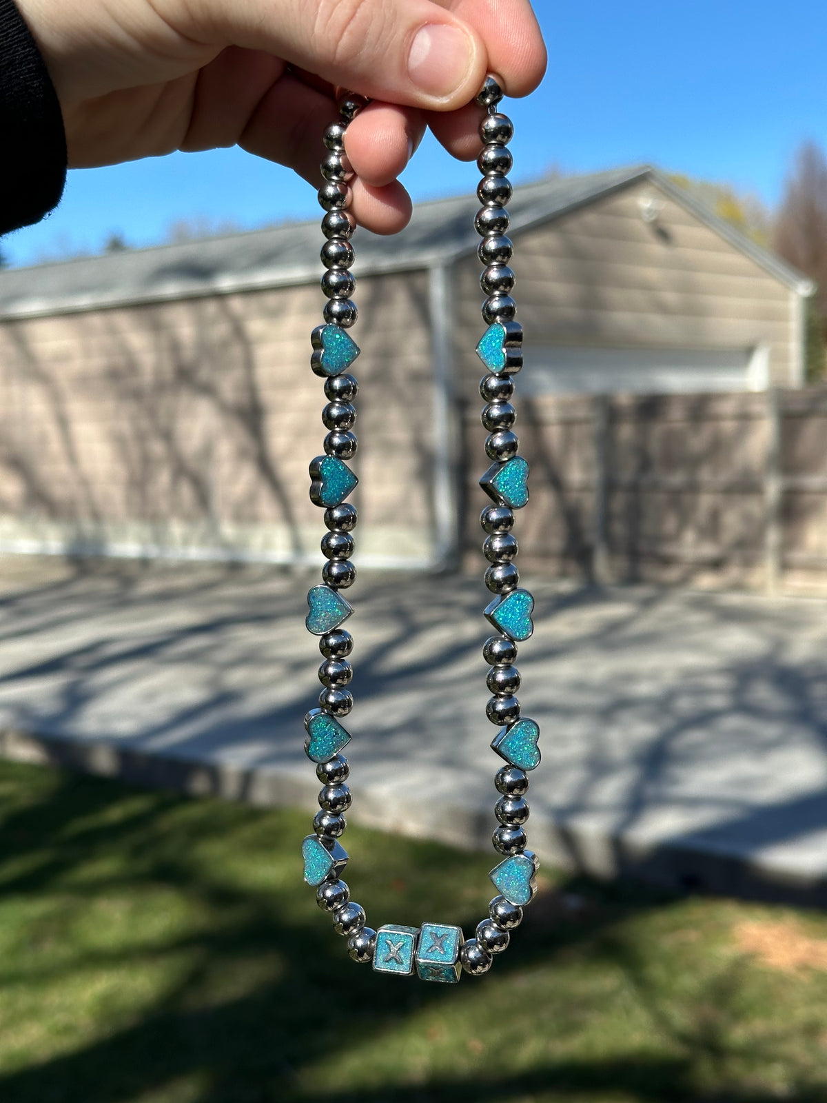 Opal Hearts necklace — opal heart pendants on an adjustable stainless steel chain — XXBYJAXX