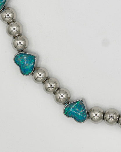 Opal Hearts necklace — opal heart pendants on an adjustable stainless steel chain — XXBYJAXX