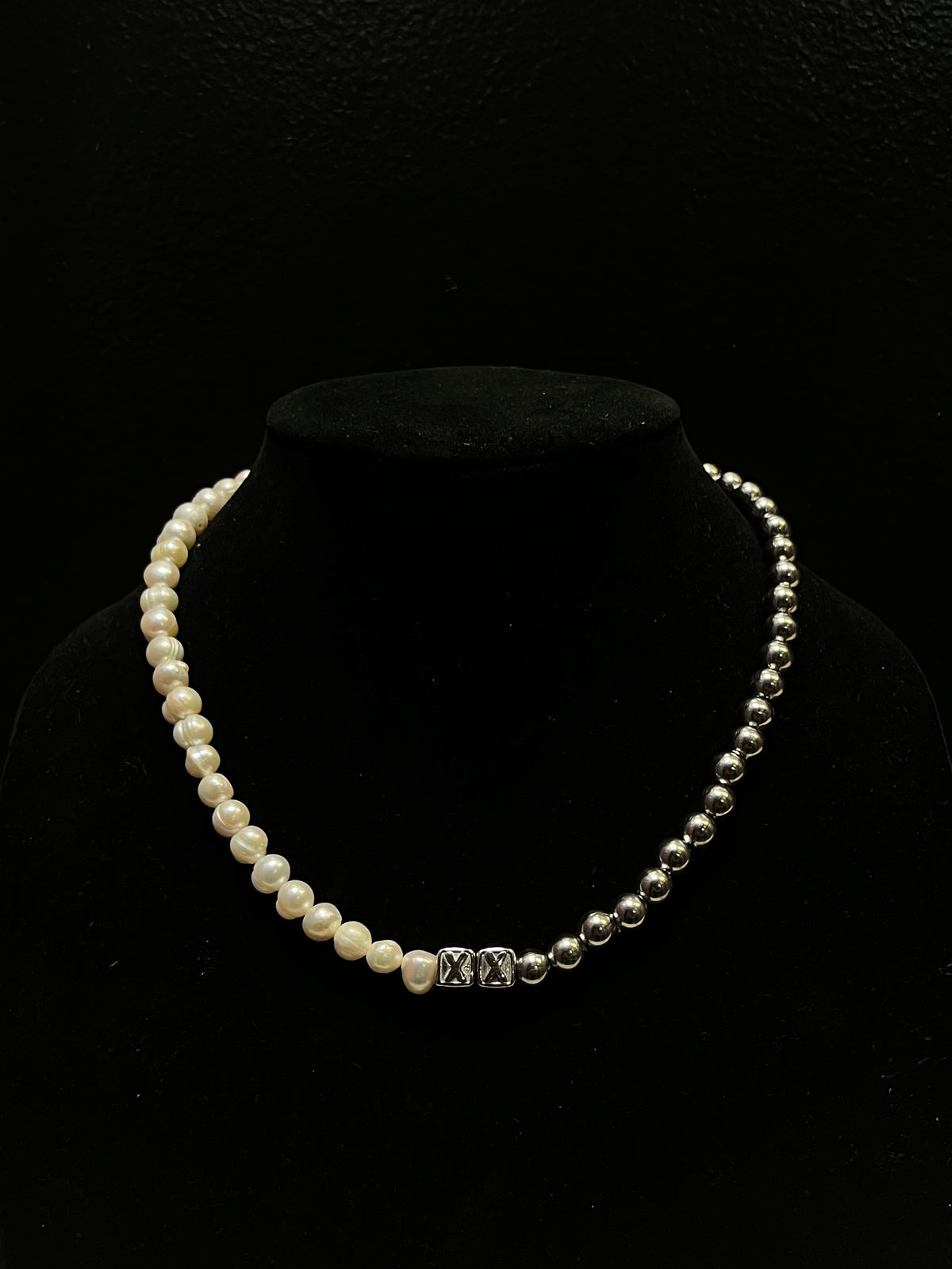 Pearly Half & Half necklace — real Tahitian pearls and stainless steel beads on an adjustable chain — XXBYJAXX