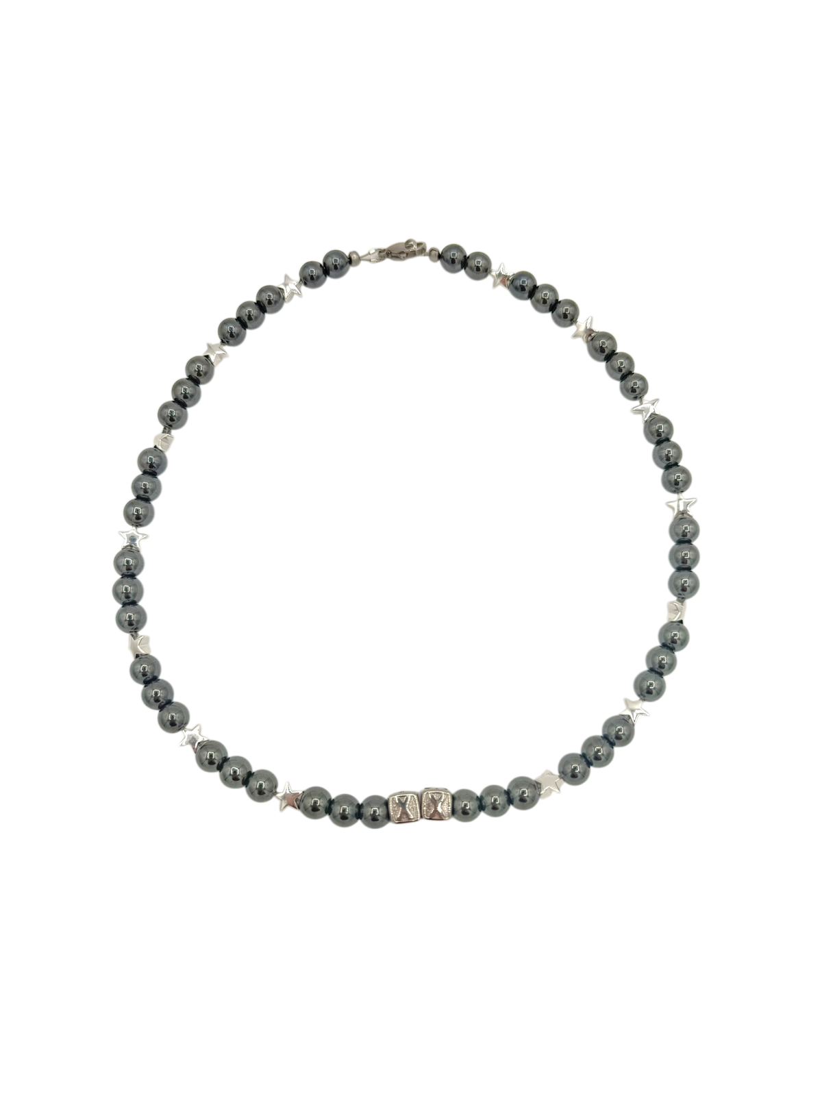 Moon and Stars 1 of 1 — natural hematite beads with moon and star charms — XXBYJAXX