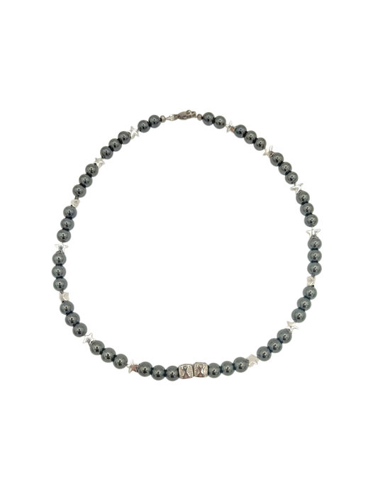 Moon and Stars 1 of 1 — natural hematite beads with moon and star charms — XXBYJAXX