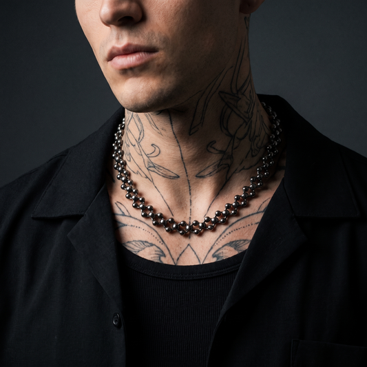 Beaded Cuban worn on model — tattooed male