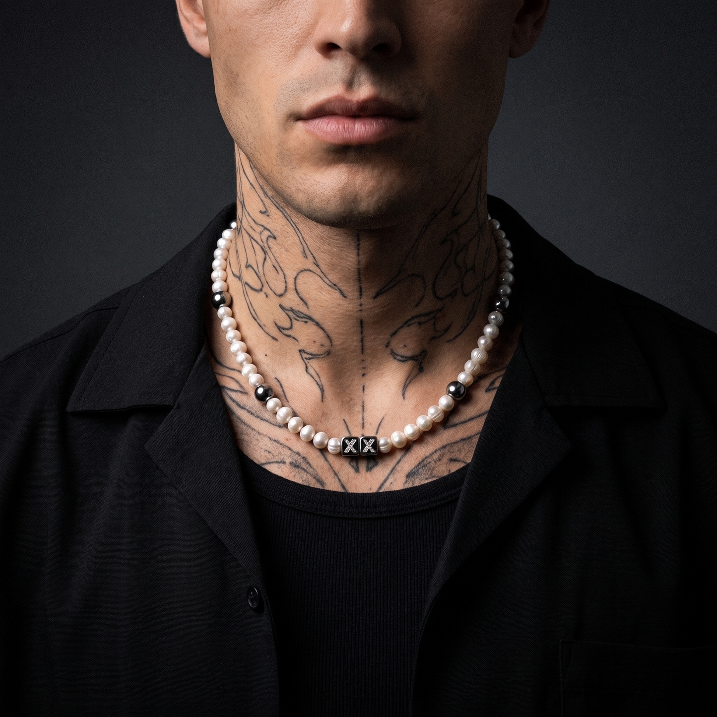 Disco Pearls worn on model — tattooed male