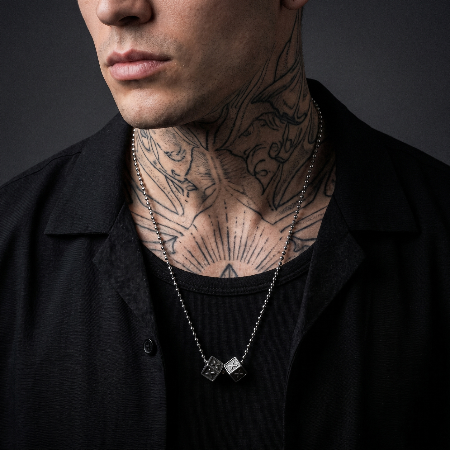 Dicey worn on model — tattooed male