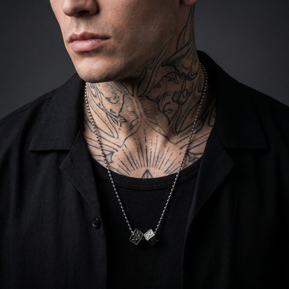 Dicey worn on model — tattooed male