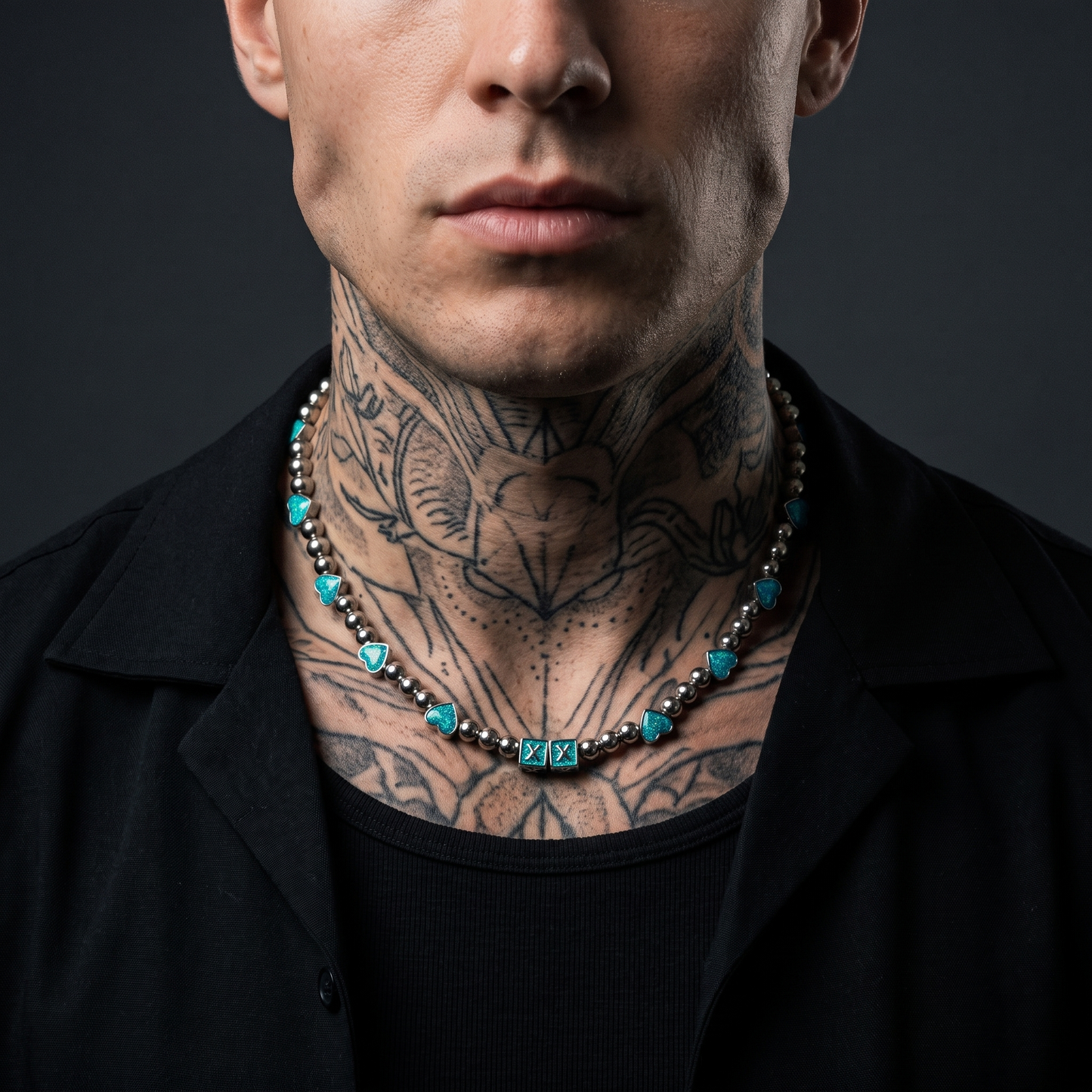 Opal Hearts worn on model — tattooed male