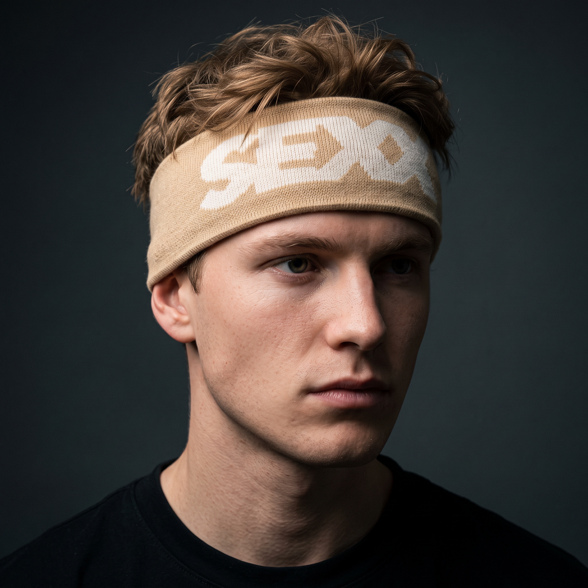 Sex Headband (tan) worn on model — clean-cut male