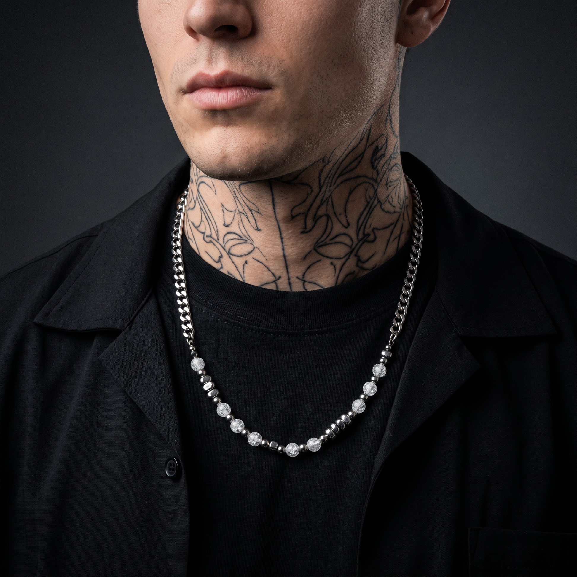 The Silver Mullet worn on model — tattooed male