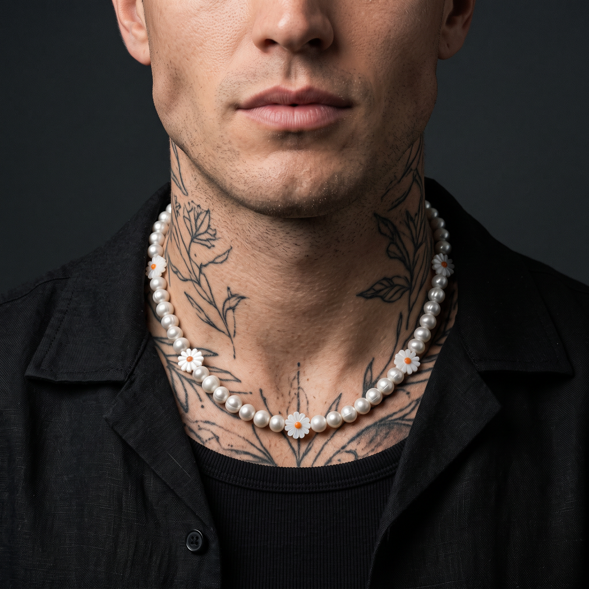 Sunflower Pearls worn on model — tattooed male