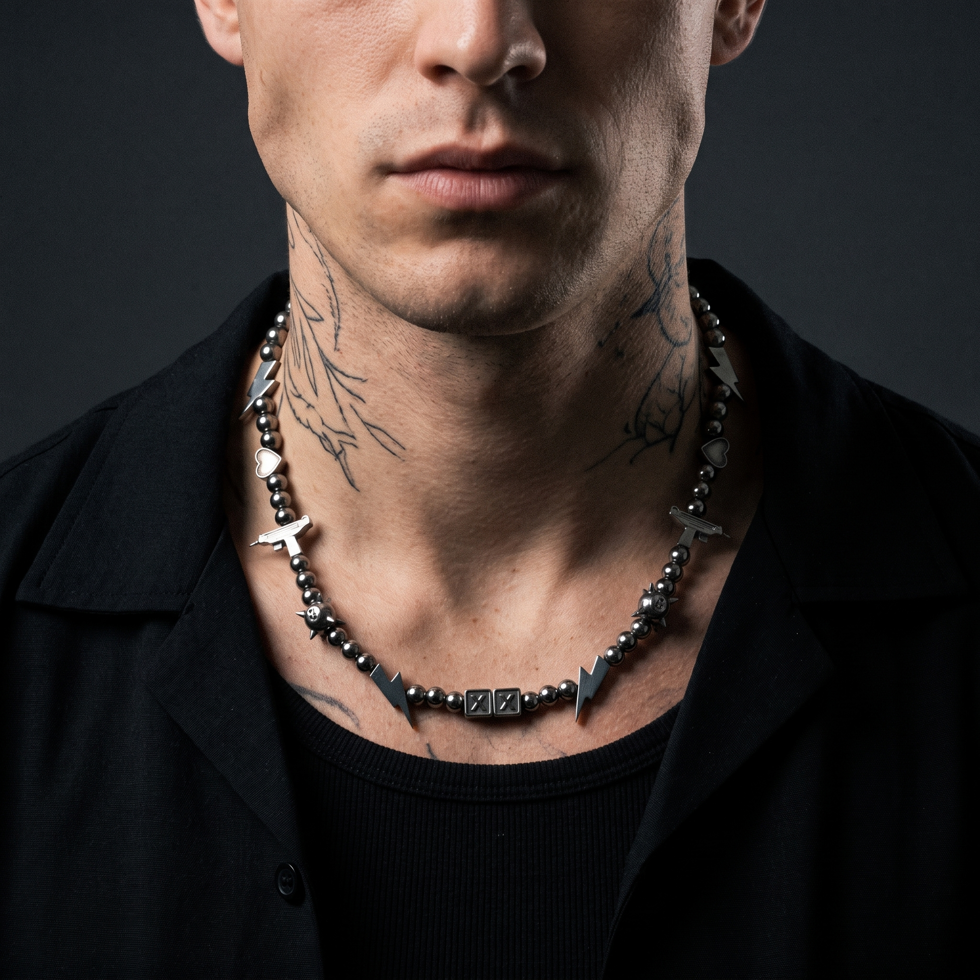 Uzi Chrome Kandi worn on model — tattooed male