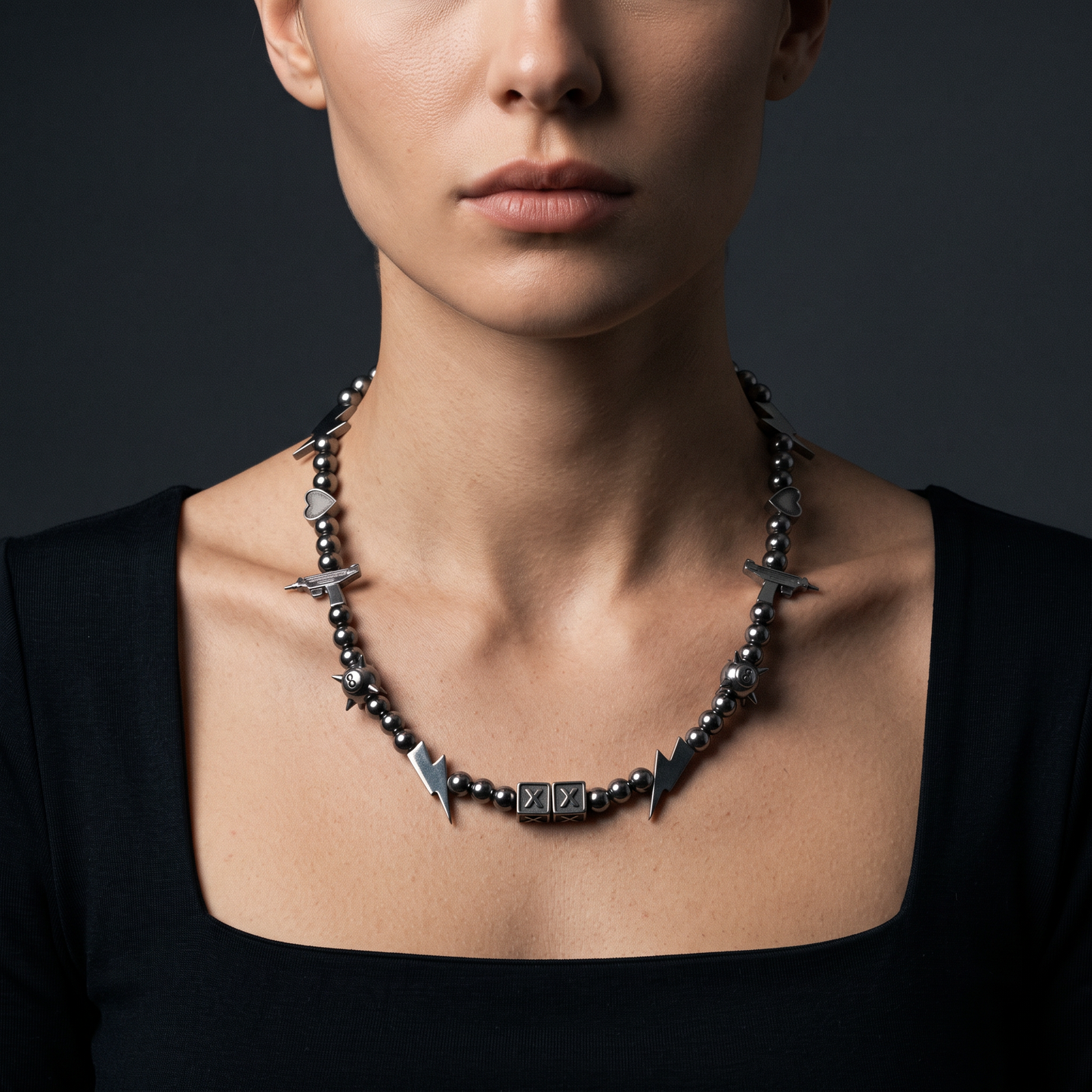 Uzi Chrome Kandi worn on model — female