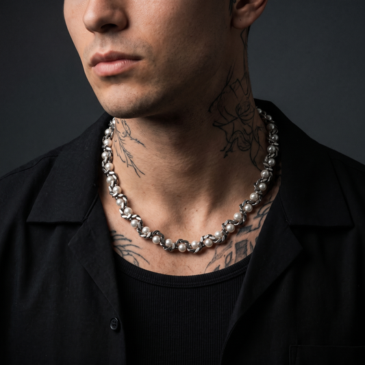 Braided Cuban worn on model — tattooed male