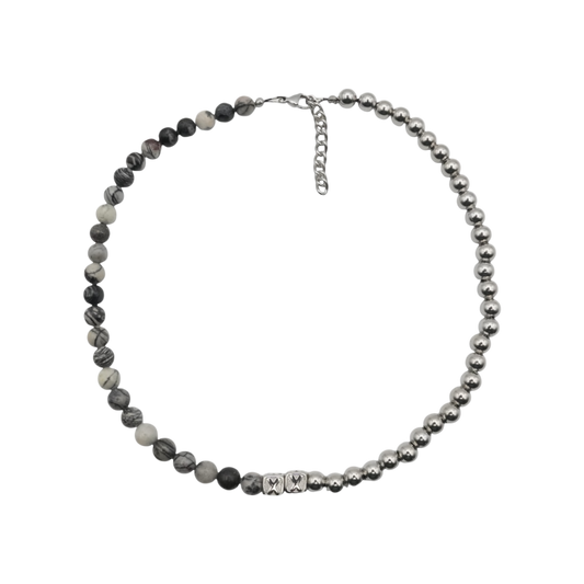 Moonrock Half & Half — natural stone and stainless steel bead necklace — XXBYJAXX