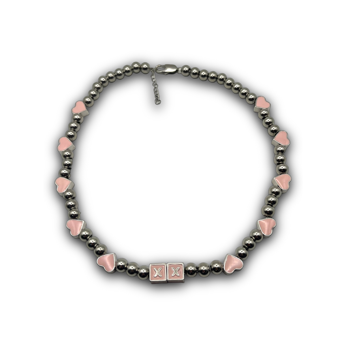 Pretty in Pink chrome kandi necklace with hand-painted pink enamel pendants on a stainless steel beaded chain — XXBYJAXX