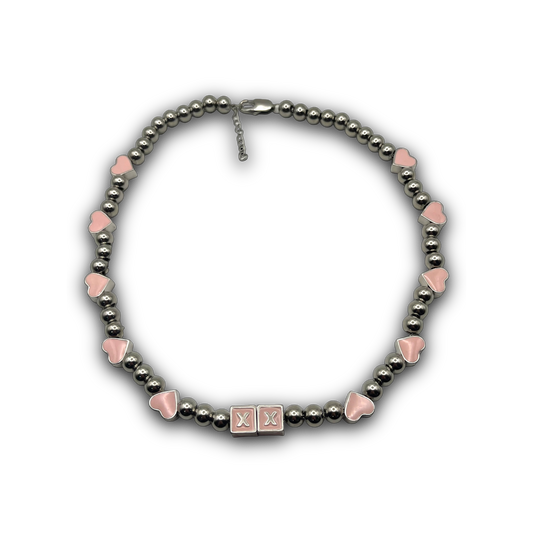 Pretty in Pink chrome kandi necklace with hand-painted pink enamel pendants on a stainless steel beaded chain — XXBYJAXX