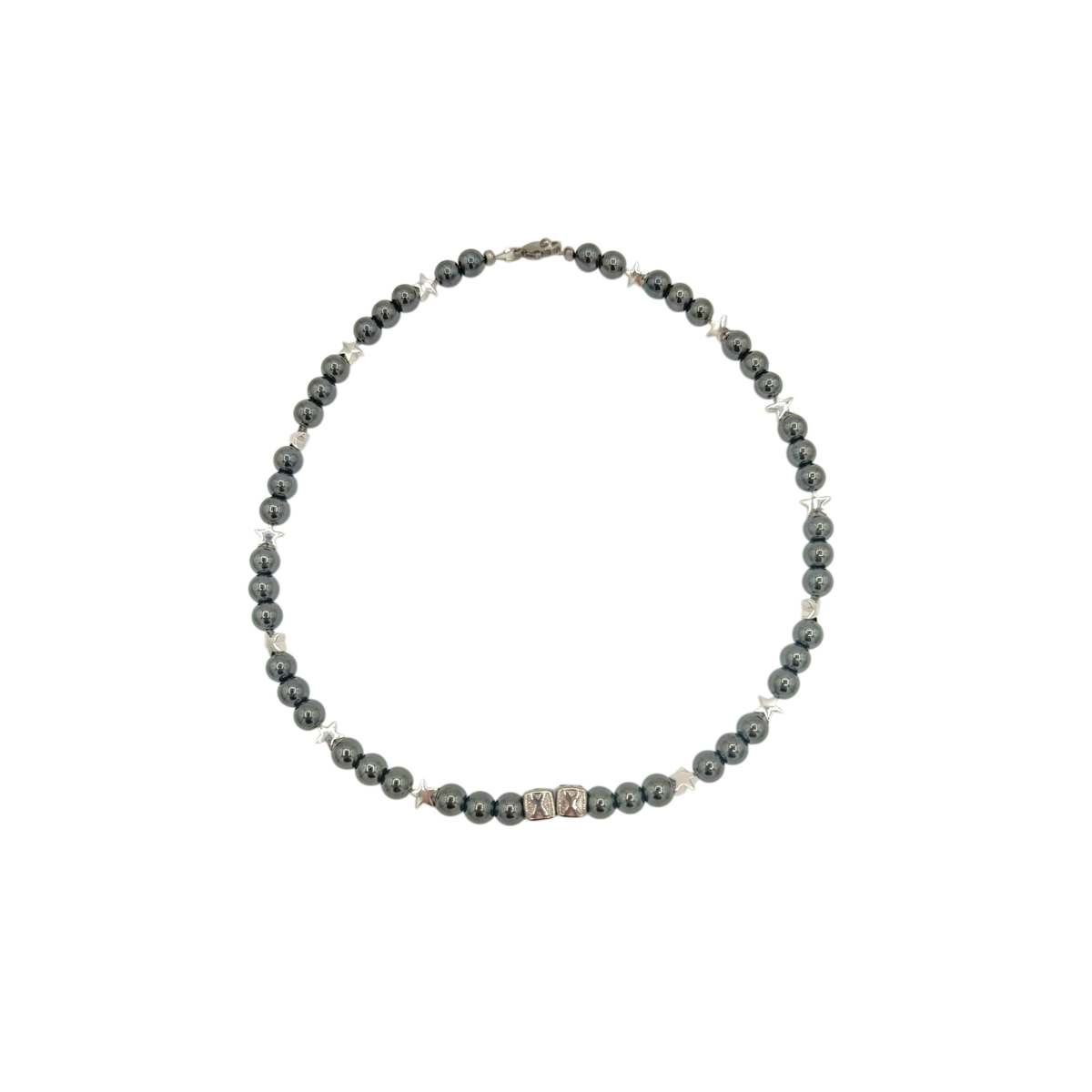Moon and Stars 1 of 1 — natural hematite beads with moon and star charms — XXBYJAXX