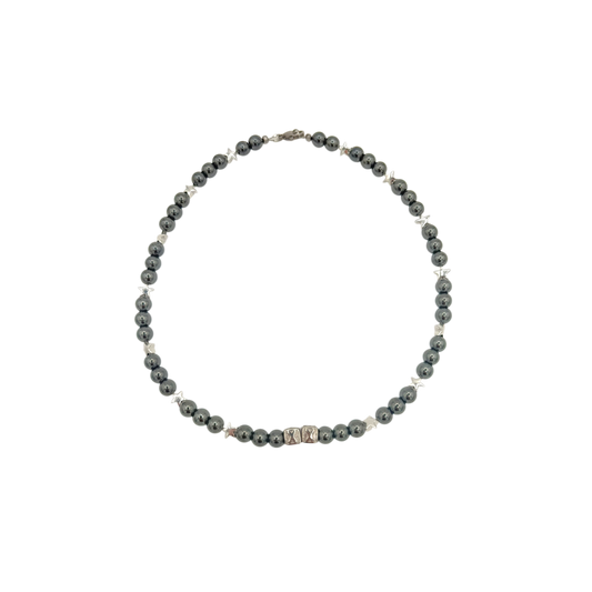 Moon and Stars 1 of 1 — natural hematite beads with moon and star charms — XXBYJAXX
