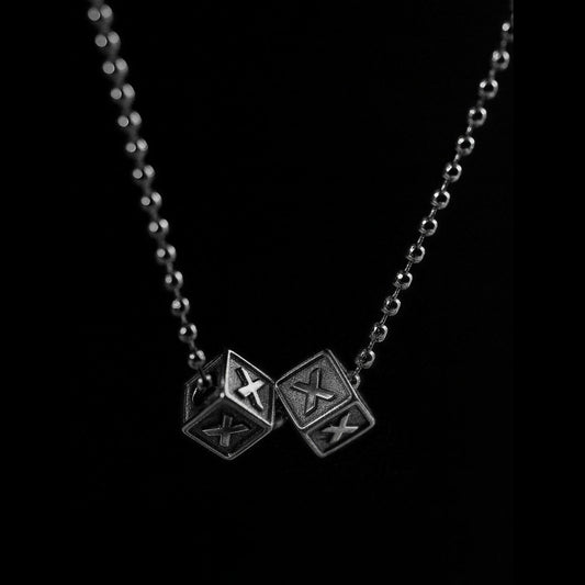 Dicey necklace — stainless steel ball chain with 10mm letter cubes — XXBYJAXX