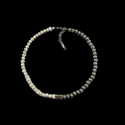 Pearly Half & Half necklace — real Tahitian pearls and stainless steel beads on an adjustable chain — XXBYJAXX
