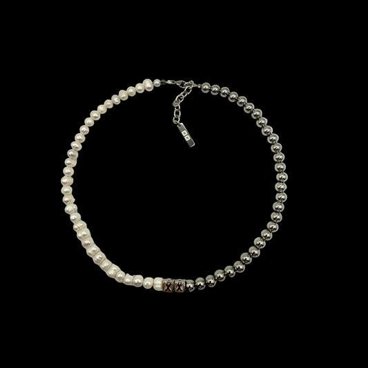 Pearly Half & Half necklace — real Tahitian pearls and stainless steel beads on an adjustable chain — XXBYJAXX